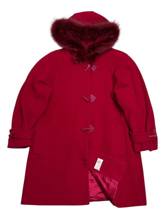 JEREMY SCOTT Braemar Wool & GENUINE FUR Red Winter Glam Parka Pea Coat Womens XL - Picture 2 of 9